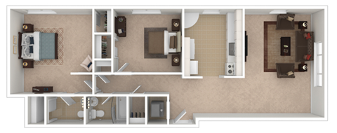 Floor plan for 2 beds, 1.5 baths, 1000 sqft